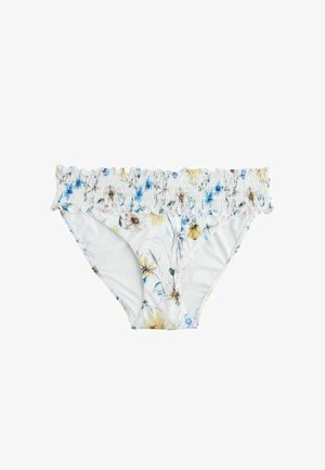 Witte bikinibroek met gerimpelde tailleband en pastelbloemenprint in blauw, geel en roze tinten op lichtgewicht stof.
