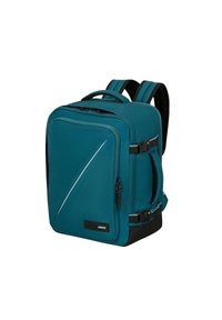 Zaino turchese con superficie testurizzata, forma rettangolare, dettagli neri a contrasto, tasca frontale con zip e cinghie di compressione laterali.