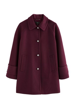 Ciemnofioletowy wełniany płaszcz z szerokim kołnierzem, czterema ozdobnymi srebrnymi guzikami z przodu, dwoma skośnymi przednimi kieszeniami oraz paskami na mankietach z guzikami.