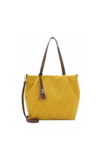 Mosterdgele totebag met bruin leren handvatten, een afneembare schouderband en een decoratieve kwast. Duurzaam stof met een gladde textuur.