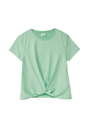 Kortemouws mintgroen katoenen T-shirt met een knoopdetail aan de voorkant en een ronde halslijn.