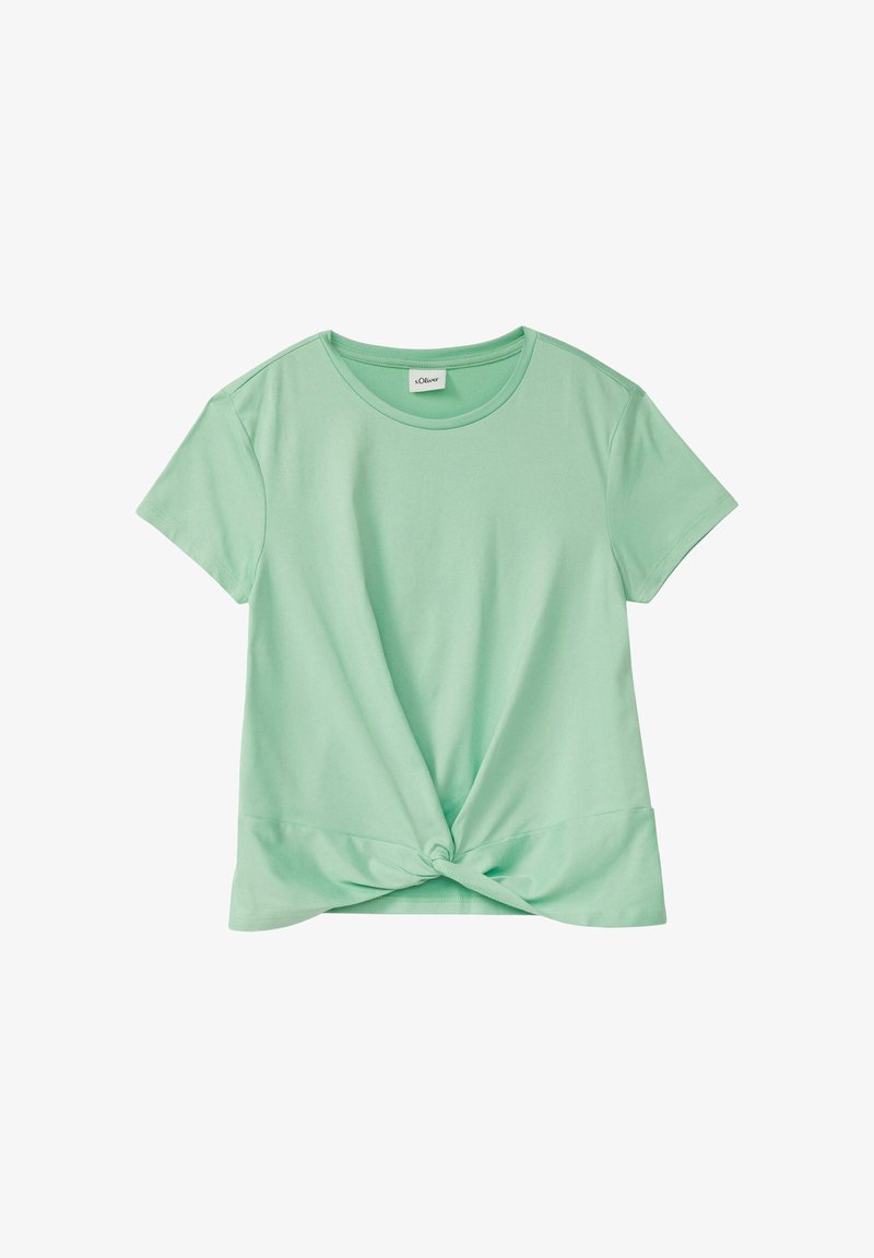 T-shirt en coton vert menthe à manches courtes avec un détail noué à l'avant et un col rond.