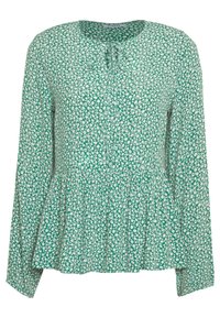 Blusa verde a maniche lunghe con stampa floreale, dotata di vita arricciata, scollatura tonda e dettaglio con lacci sul davanti.