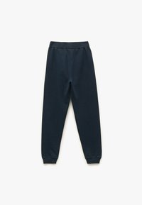 Marineblå sweatpants lavet af en bomuldsblanding, med elastisk talje og ankelsøm, glat tekstur og afslappet pasform.