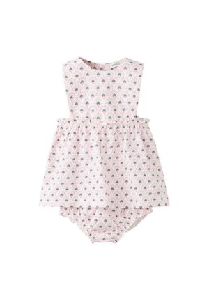 Robe de bébé rose sans manches avec bloomer assorti, présentant un petit motif floral vert et rose et un détail taille froncée.