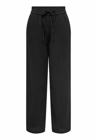 Pantalons larges noirs en tissu doux, dotés d'une taille élastique avec un cordon de serrage pour un ajustement sur mesure. Surface simple et texturée.