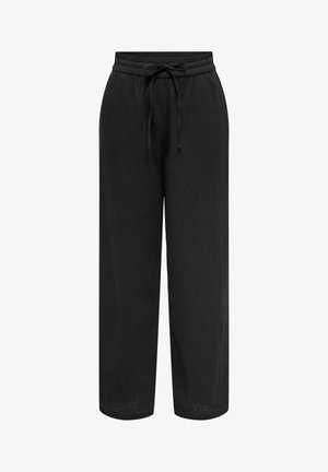 Črne široke hlače iz mehke tkanine, z elastiko v pasu in vrvico za prilagodljivost. Enostavna, teksturirana površina.