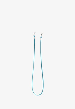 Blue braided cord with metallic hooks on both ends, featuring a smooth texture and a lightweight design suitable for eyewear or accessories.