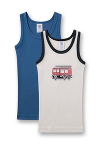 Two children's tank tops: one blue, one cream with a red fire truck graphic. Both feature contrasting black armholes and necklines.