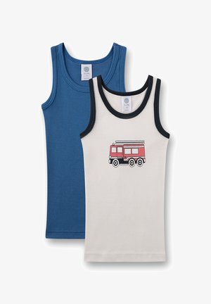 Two children's tank tops: one blue, one cream with a red fire truck graphic. Both feature contrasting black armholes and necklines.