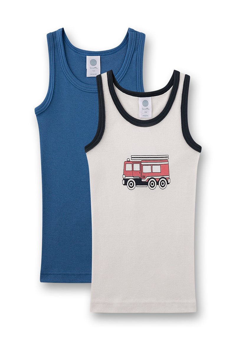 Two children's tank tops: one blue, one cream with a red fire truck graphic. Both feature contrasting black armholes and necklines.