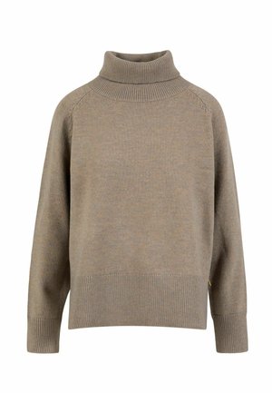 Taupe long-sleeve turtleneck sweater with ribbed cuffs, hem, and neck, featuring a loose fit and knitted fabric.