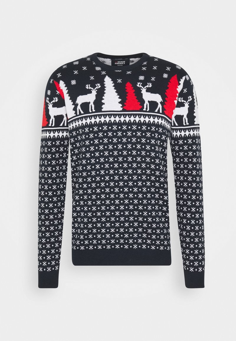 Marineblauer Strickpullover mit weißen Schneeflocken, roten Bäumen und Rentiermotiven. Runder Halsausschnitt und lange Ärmel mit gerippten Bündchen und Saum.