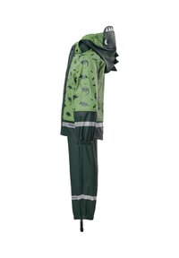 Combinaison de pluie verte pour enfants avec motif dinosaure, bandes réfléchissantes et capuche en forme de tête de dinosaure avec yeux, dents et piquants.