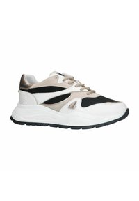 Athletic sneaker featuring a combination of white, black, and light beige materials. Mesh panels, rounded toe, and textured rubber sole.