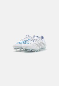 White football boots with blue accents, featuring a textured upper, lace closure, and transparent studs for traction.