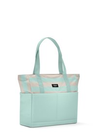 Ljust blå och beige randig tote väska med långa handtag och en framficka, märkt "Larkson Hamburg," på en vit bakgrund.