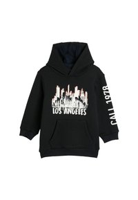 Sudadera con capucha negra con un gráfico del skyline de Los Ángeles en la parte delantera y el texto "Cal 1978" en la manga derecha, con un bolsillo estilo canguro en la parte delantera.