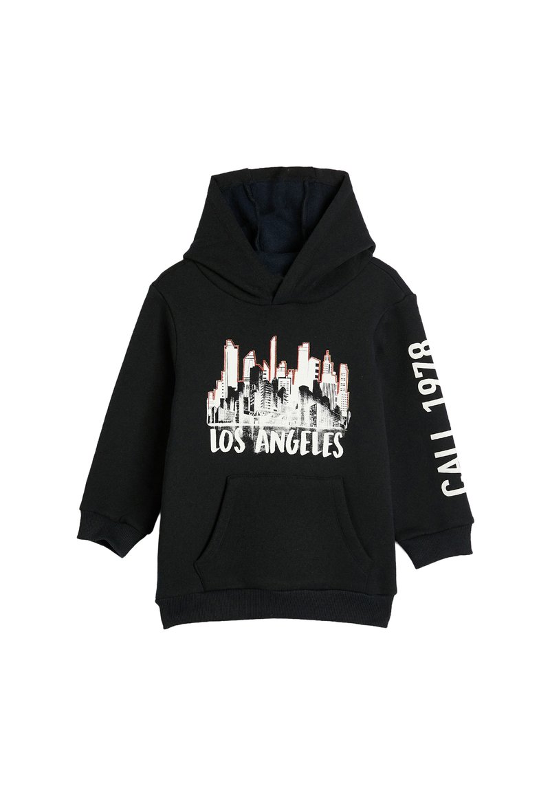 Sudadera con capucha negra con un gráfico del skyline de Los Ángeles en la parte delantera y el texto "Cal 1978" en la manga derecha, con un bolsillo estilo canguro en la parte delantera.