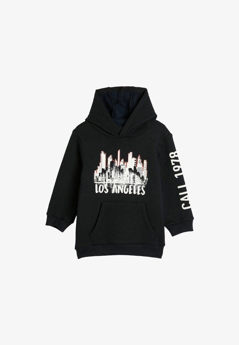 Sweatshirt à capuche noir avec un graphique de la skyline de Los Angeles sur le devant et le texte "Cal 1978" sur la manche droite, avec une poche kangourou à l'avant.