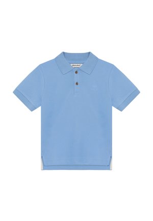 Lyseblå polo i bomuld med krave, to brune knapper og "COOL VIBES" broderet på brystet. Sideslidser ved kanten.