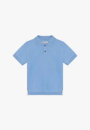Jasnoniebieska koszulka polo wykonana z bawełny, z kołnierzykiem, dwoma brązowymi guzikami oraz haftem „COOL VIBES” na piersi. Boczne rozcięcia na dole.