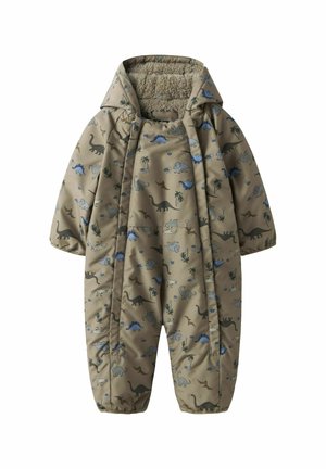 Tan onesie with dinosaur and palm tree patterns. Soft, textured lining, hood, elastic cuffs, and zip closure. Suitable for outdoor wear.
