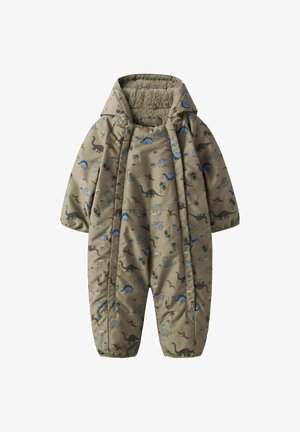 Beige Overall mit Dinosaurier- und Palmbaum-Muster. Weiche, strukturierte Fütterung, Kapuze, elastische Bündchen und Reißverschluss. Eignet sich für den Außeneinsatz.