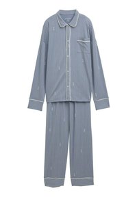Gestreepte pyjam set met lange mouwen in blauw en wit, bestaande uit een button-up shirt met een zak en bijpassende brede broek. Voorzien van een gladde stof.
