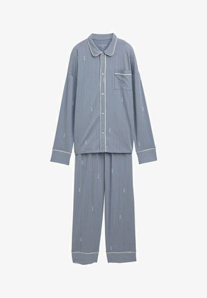 Gestreepte pyjam set met lange mouwen in blauw en wit, bestaande uit een button-up shirt met een zak en bijpassende brede broek. Voorzien van een gladde stof.