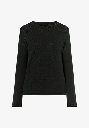 Top negro de manga larga con un patrón texturizado, cuello redondo y costuras en contraste. El material parece transpirable y ligero.