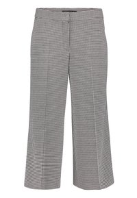 Kalhoty s širokými nohavicemi a zkrácenou délkou v černobílém vzoru houndstooth s elastickým pasem.