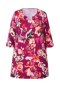 Tunique floreale in fucsia scuro, con grandi motivi floreali in rosa, arancio e nero, maniche 3/4 e scollatura rotonda. Tessuto in misto cotone.