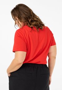 Raudona trumpomis rankovėmis palaidinė derinama su juodomis kelnėmis. Palaidinė yra laisvo kirpimo; kelnės turi elastingą liemens juostą ir kišenes gale.