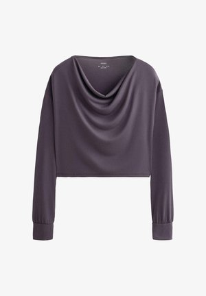 Afgezette lange mouwen top in een gedempte paarse stof, met een gedrapeerde col-nek en strakke manchetten. Zachte, gladde textuur.