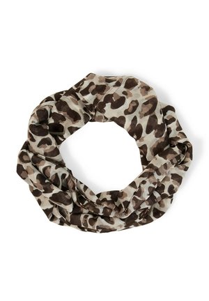 Lichte stof infinity sjaal met bruin en beige luipaardprint patroon, gerangschikt in een cirkelvorm op een witte achtergrond.