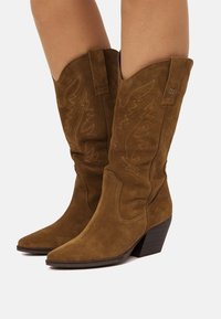 Botas de vaquero de ante marrón con punteras puntiagudas y tacón apilado, con patrones decorativos de costura y lengüetas para tirar a los lados.