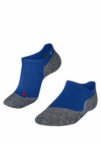 Calzini blu alla caviglia con una punta grigia mélange, tallone rinforzato e piccoli dettagli in rosso e verde lime. Realizzati in un materiale a maglia testurizzato.