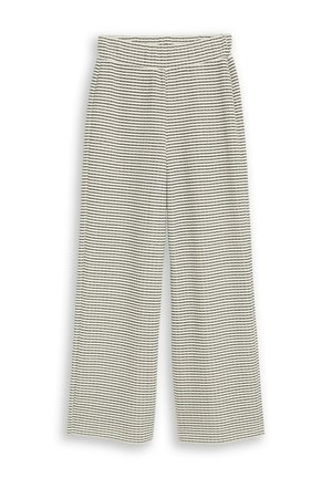Pantalon à jambes larges avec fines rayures horizontales noires sur fond crème et taille élastique.