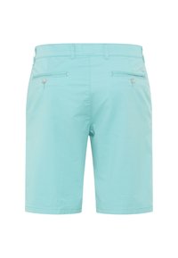 Light blue men's shorts with belt loops, two back buttoned welt pockets, and a straight cut.