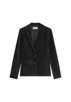 Blazer en velours côtelé sombre avec une finition texturée, design à un bouton, revers crantés, deux poches avant et fermeture par bouton.