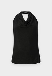 Črno zgornji del brez rokavov s kapuco in gladko teksturo. Ima prilegajoč se kroj in subtilen sijaj, zasnovan za klasičen videz.