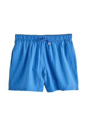 Sinised ujumispüksid vertikaalse triibumustriga, elastse värvliga ja reguleeritava nööriga. Sile tekstuur, vabaajastiil ja reie keskele ulatuv pikkus.