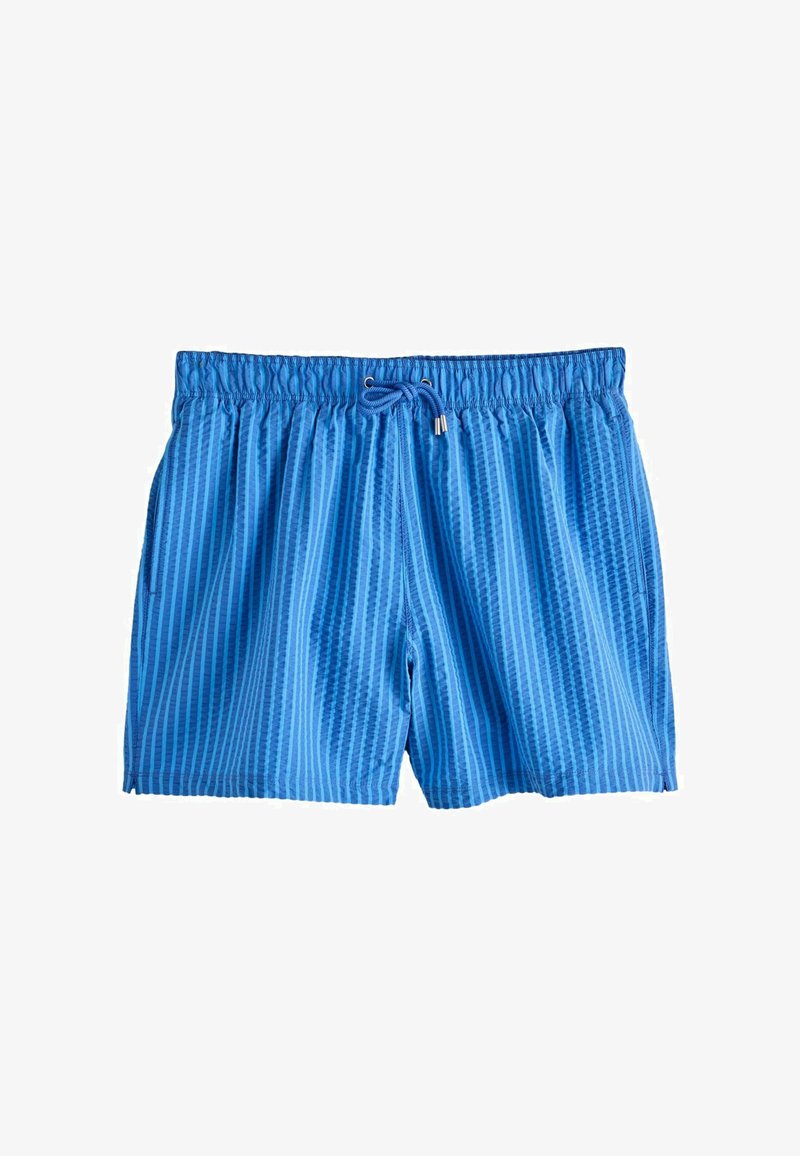 Shorts de bain bleus avec un motif à rayures verticales, taille élastique et cordon de serrage ajustable. Texture lisse, design décontracté et longueur mi-cuisse.