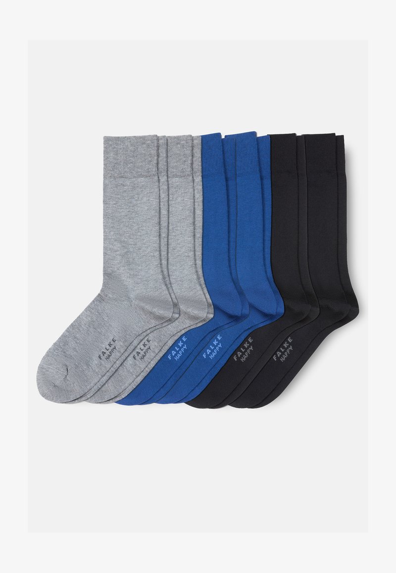 Trois paires de chaussettes basses en gris, bleu et noir, chaque paire empilée et alignée côte à côte sur un fond blanc.