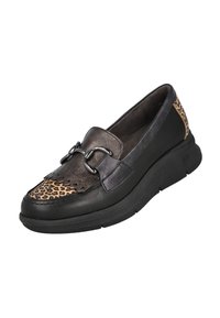 Mocasines de cuero negro con un panel de estampado de leopardo, detalles de flecos y un acento metálico. Suela de goma gruesa para mayor comodidad y soporte.