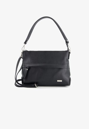 Black leather handbag with two straps, a zippered top, and a small metal brand tag on the lower right corner.