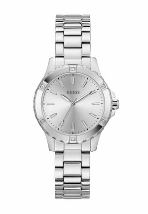 Montre en acier inoxydable argenté avec un cadran argenté texturé, des marqueurs d'heure et des accents en cristal. Elle dispose d'un bracelet à maillons et d'une couronne poussoir.