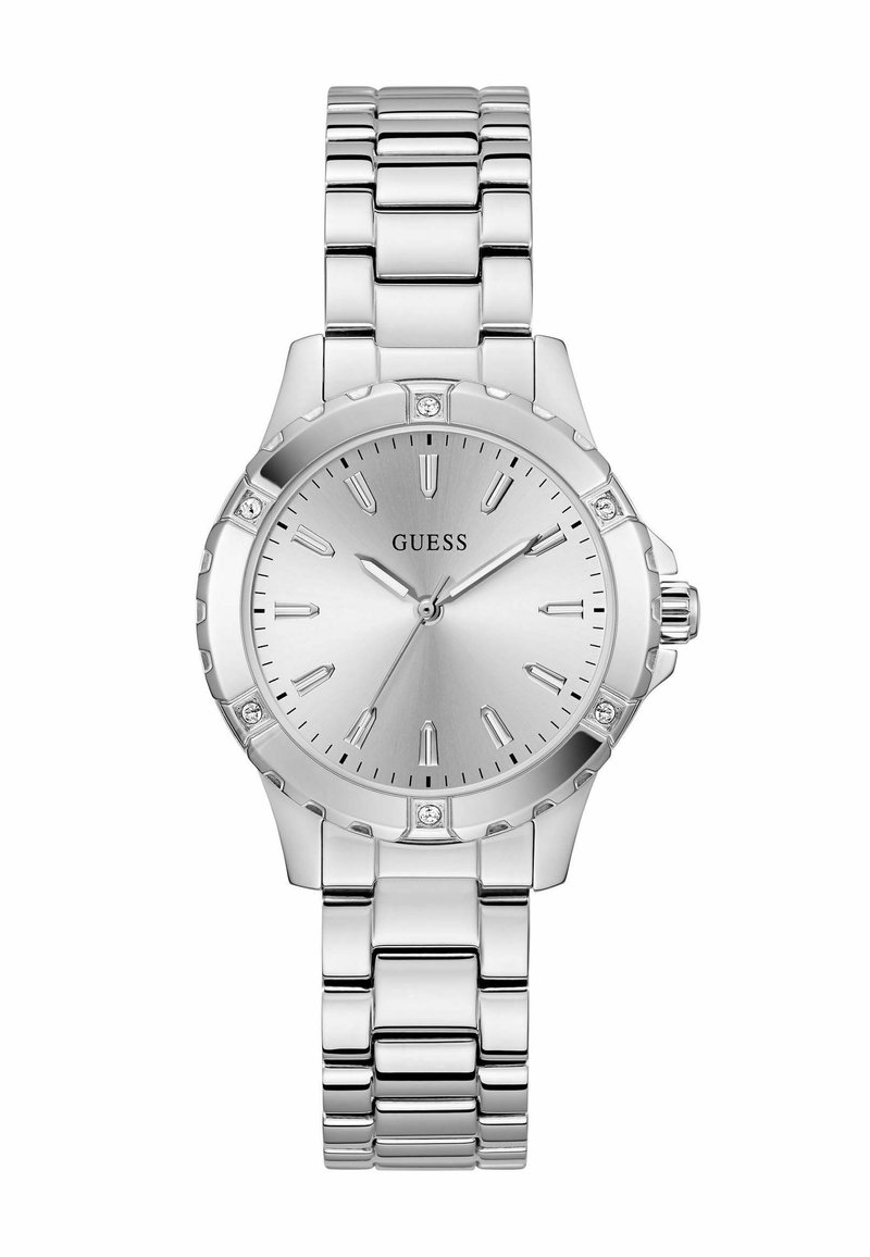 Montre en acier inoxydable argenté avec un cadran argenté texturé, des marqueurs d'heure et des accents en cristal. Elle dispose d'un bracelet à maillons et d'une couronne poussoir.