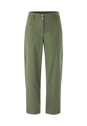 Olive green high-waist pants with two front pockets, belt loops, and double metal button closure, straight leg cut.